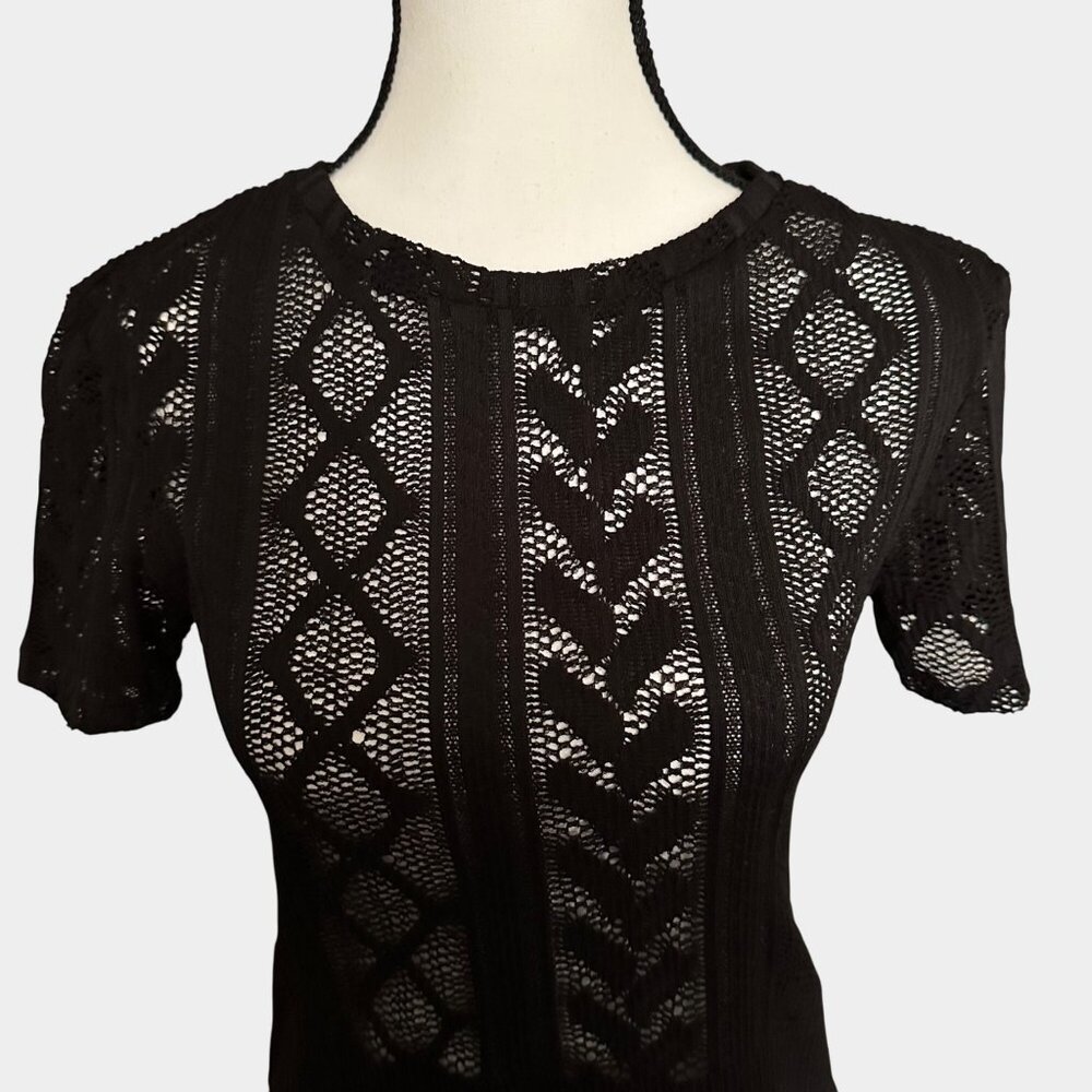 Zara Black Lace Knit Short-Sleeve Womens Top Size S Ribbed Hem Elegant Design - Picture 16 of 16